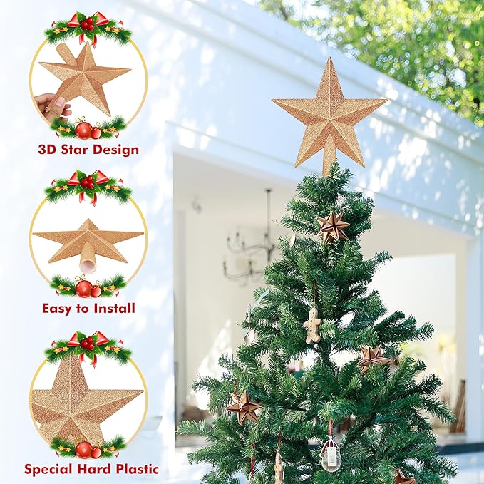 Christmas Tree Star Topper, 8" Champagne Xmas Star Tree Decorations, 3D Shatterproof Bethlehem Star Tree Topper Decorations, Waterproof Xmas Tree Topper Decor for Christmas Home Outdoor Ornament