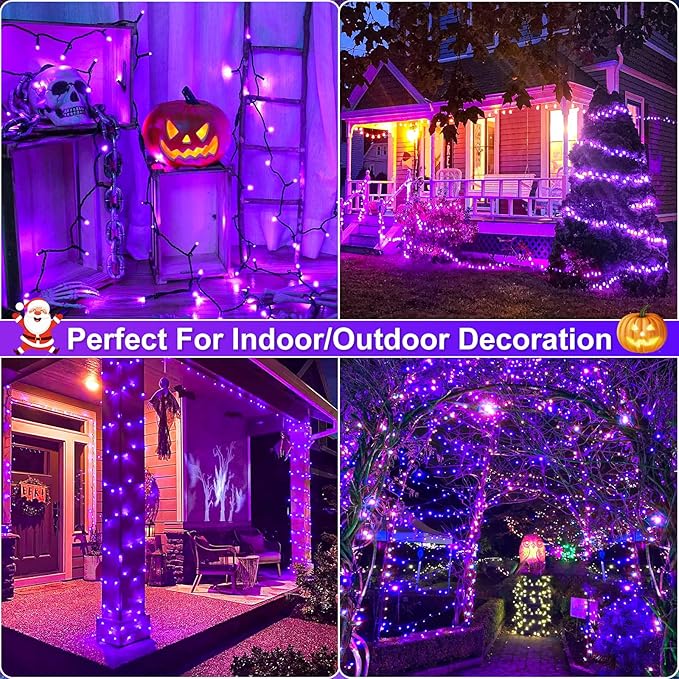 Purple Halloween Lights Outdoor, 100FT 300 LED Halloween String Lights with 8 Modes Waterproof, Plug in Green Wire Twinkle Tree Light for Indoor House Patio Garden Party Decorations