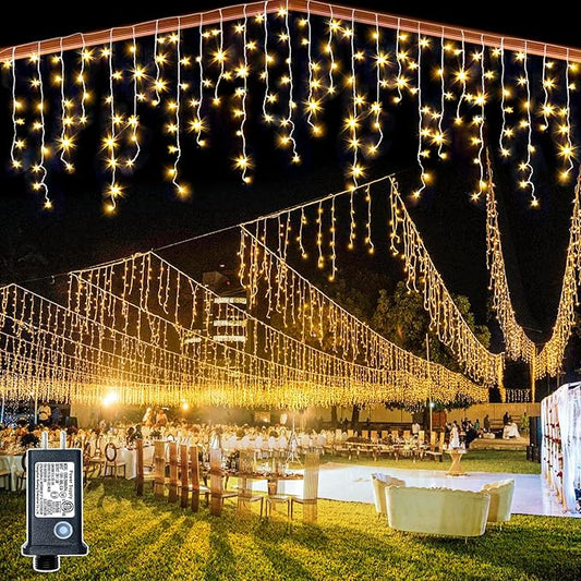 132ft Icicle Lights for Outside - 1280 LED Warm White Twinkle Lights with 240 Drops, 8 Modes Plug in Waterproof Timer Memory. Cannot be Extended. The Plug is in the Middle (66ft+66ft)