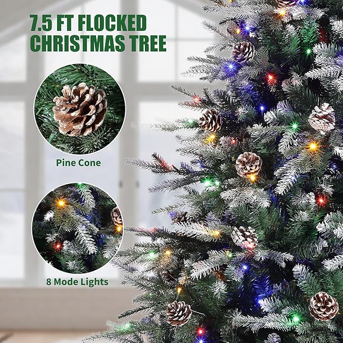 7.5 FT Snow Flocked Christmas Tree with 450 Warm Lights-8 Modes, Prelit Christmas Trees with Pine Cone & Gloves, Metal Folding Stand, Full Artificial Xmars Tree for Home Decor, Norway Spruce, Green