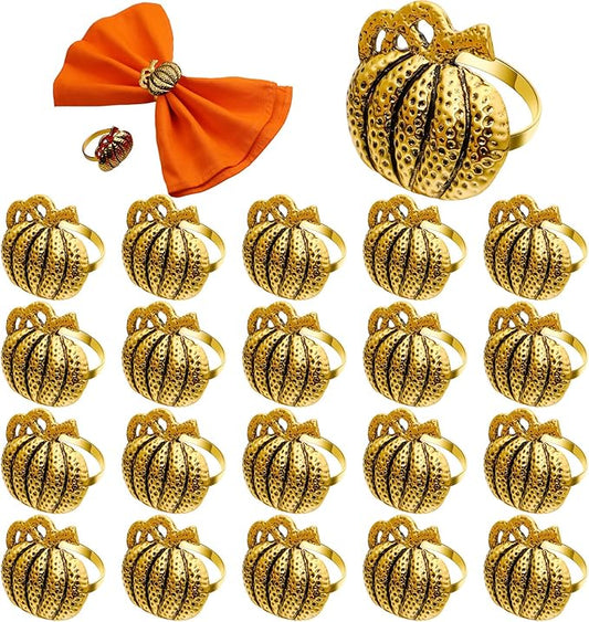 20 Pcs Thanksgiving Pumpkin Napkin Rings Gold Napkin Holders Fall Dinner Table Napkin Rings for Thanksgiving Harvest Table Party Decoration