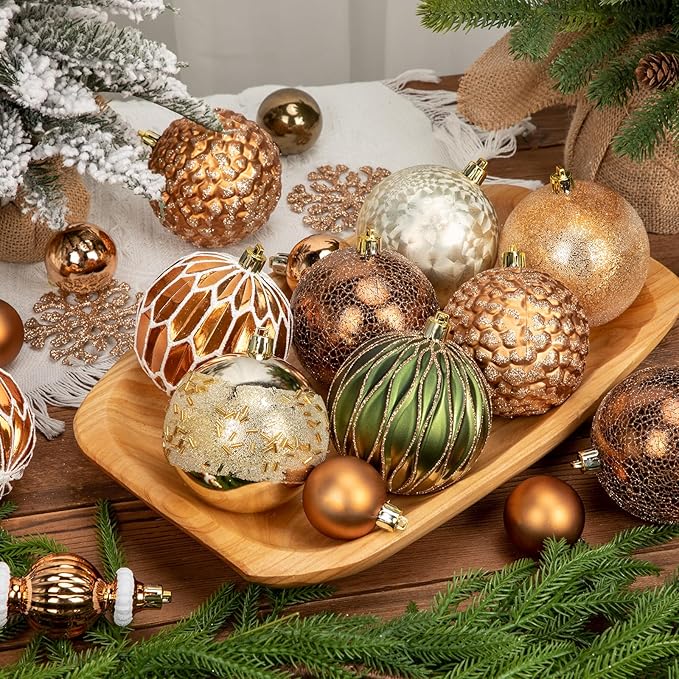 92ct Christmas Tree Decoration Set - Shatterproof Christmas Baubles with Strings, Bronze-Champagne