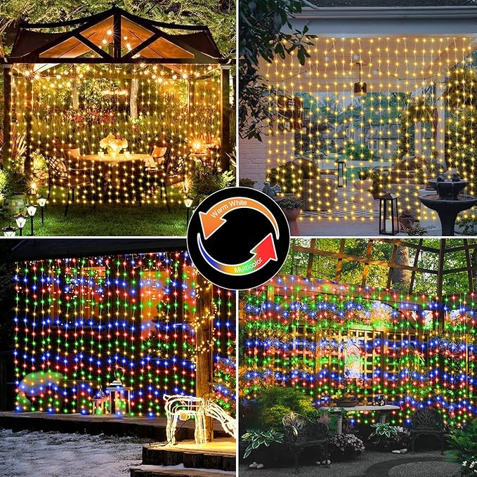 Curtain Lights Battery Operated, 200 LED 6.6Ft x 6.6Ft Dual Color Changing with Remote Timer, Outdoor Curtain Lights Waterproof for Wedding Bedroom Holiday Party Decor (Warm White & Multicolor)