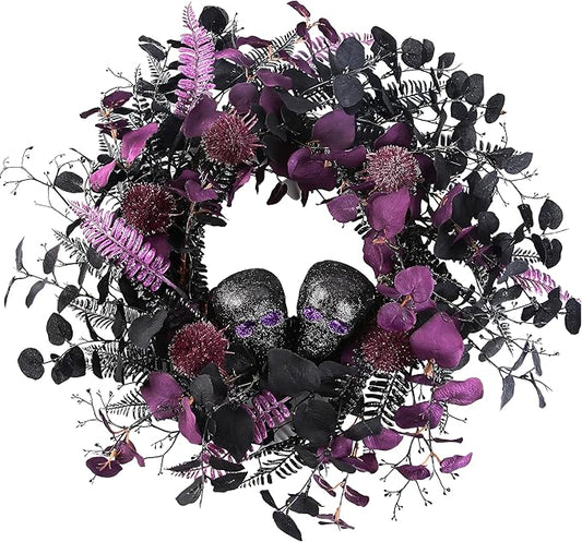 20" Halloween Wreaths for Front Door, Black Glitter Skulls Purple Eucalyptus Leaves Halloween Horror Decor, Gothic Party Room Decoration