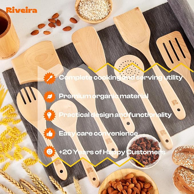 Riveira Maple Wooden Spoons for Cooking Set of 9 – Natural Maple Wooden Cooking Utensils, Wooden Spatula, Wooden Spoon - Premium Quality Wooden Utensil Set for Non-Toxic Cooking