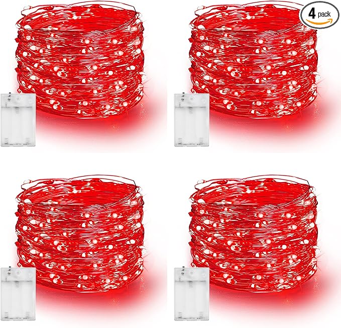 Dazzle Bright Fairy Lights Battery Operated, 4 Pack Total 80FT 240LED Silver Wire Waterproof Battery Operated String Lights, Christmas Decorations for Indoor Outdoor Bedroom Yard Decor, Red