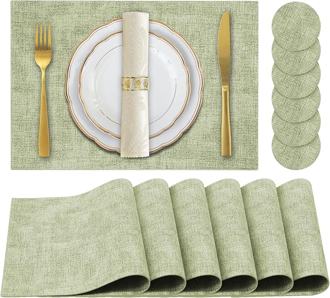 Faux Leather Placemats Set of 6,Heat Resistant Placemats for Dining Table, Easy Clean Non-Slip Place Mats, Waterproof Stain Resistant Wipeable Washable PU Table Mats, (Light Green)