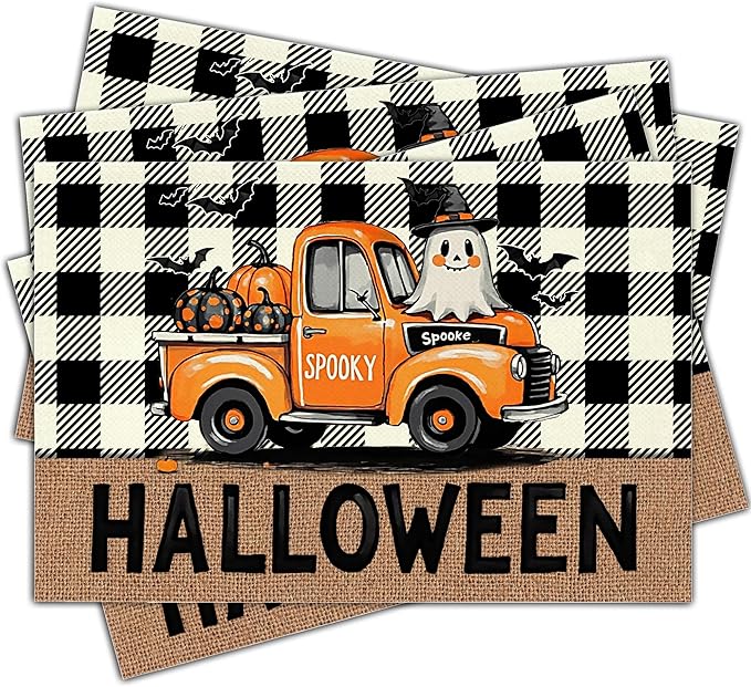 Halloween Pumpkin Placemats Set of 4, 12x18 Inch Plaid Truck Decorative Table Mats, Washable Heat Resistant Place Mats for Kitchen Dining Table, Spooky Themed Decoration for Home-B08