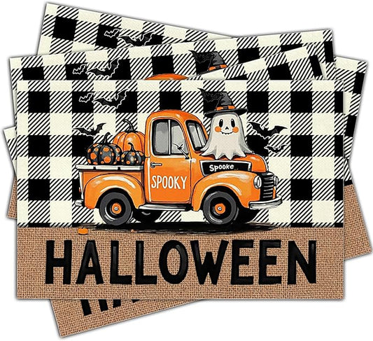 Halloween Pumpkin Placemats Set of 4, 12x18 Inch Plaid Truck Decorative Table Mats, Washable Heat Resistant Place Mats for Kitchen Dining Table, Spooky Themed Decoration for Home-B08