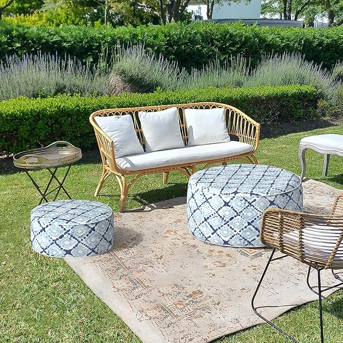 LVTXIII Inflatable Stool Ottoman Footrest with Handle, Decorative Fade-Resistant Foot Stool, Indoor or Outdoor Pouf for Home Garden and Camping Use, 21x21x9, Boho Geometry Blue