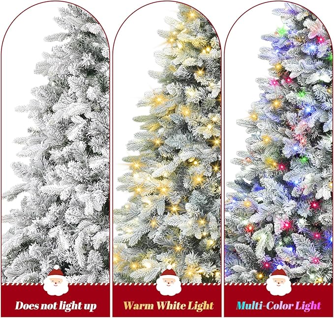 9FT Snow Flocked Pre-Lit Christmas Tree with 360° Rotating Base, 2512 PE/PVC Tips, 600 LED Lights, 8 Modes, Dimmable and Timer Functions, Musical Artificial Xmas Tree for Holiday Decor