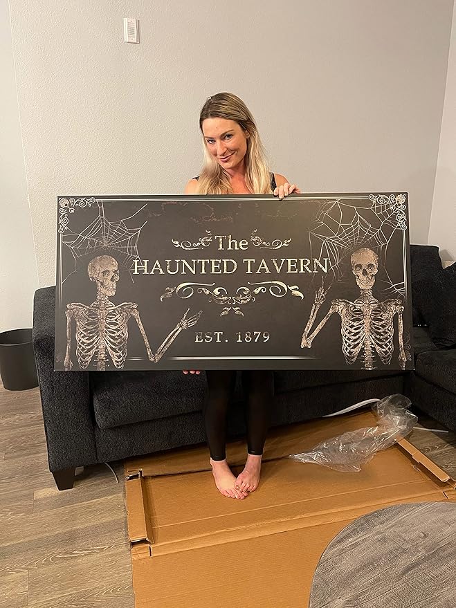 Tailored Canvases Gothic Family Wall Decor - Personalized Grunge Vintage Skeleton Room Decor for Home, Halloween Lovers, Men & Women for Bedroom, Living Room - Goth Spooky, Custom Couple Name, 48"x16"