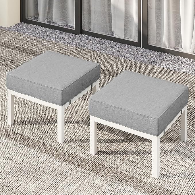 Solaste Outdoor Footstools Patio Ottoman Set of 2, Aluminum All-Weather Outdoor Footrest Seat with Removable Cushions, Patio Furniture Ottomans for Garden, Backyard, Poolside-White