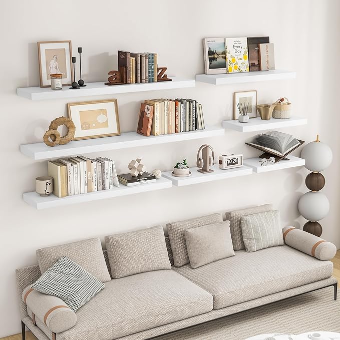 RICHFOCUS 72Inch Floating Shelves for Wall 1 Pack Shelves for Bedroom|Kitchen|Bathroom Wall Mounted Rustic Wood Floating Shelf with Invisible Brackets for Books|Storage|Decor, White