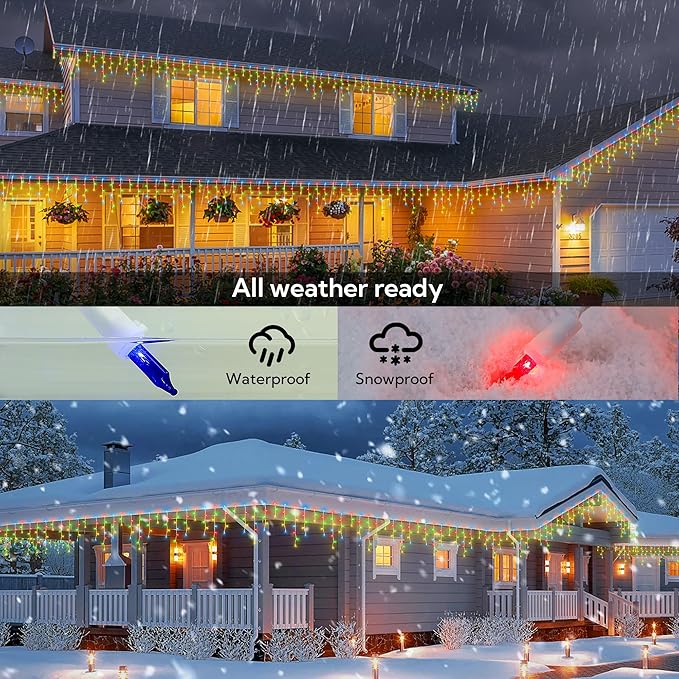 Icicle Christmas Lights Outdoor,23FT 200 Count Multicolor Icicle Lights Indoor with White Wire,Waterproof Connectable Icicle String Light for Holiday Home Garden Window Party Wedding Decor