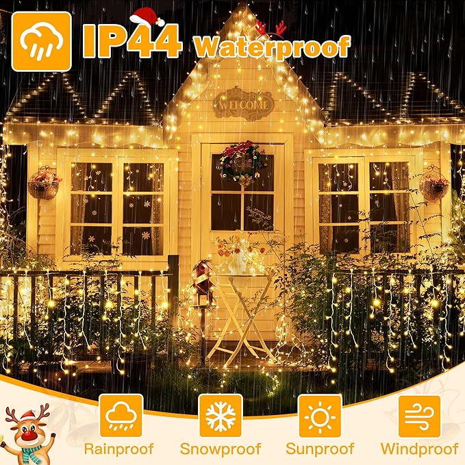 Ollny Icicle Lights Outdoor Warm White, 594LED 49FT Christmas Lights with Remote 8 Modes Dimmable, Waterproof Connectable Timer Hanging Lights for House Outside Yard Indoor Decorations