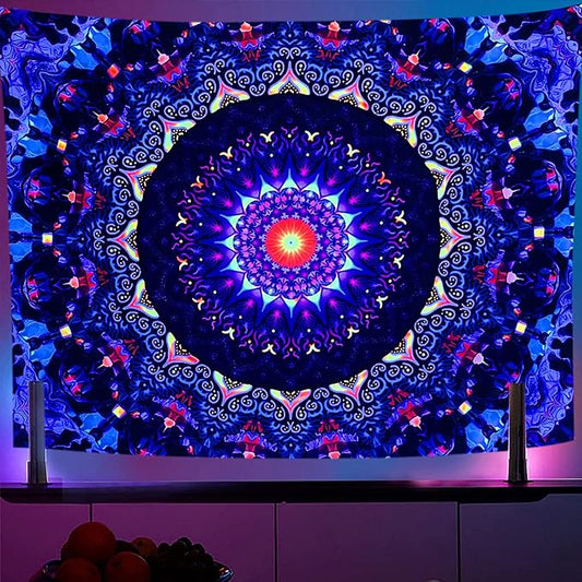 OSVINO Blacklight Trippy Mandala Tapestry 90"x70" UV Reactive Fantasy Tapestry Aesthetic Wall Decor for Living Room Bedroom Boho Wall Hanging