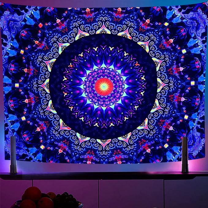 OSVINO Blacklight Trippy Mandala Tapestry 79"x59" UV Reactive Fantasy Tapestry Aesthetic Wall Decor for Living Room Bedroom Boho Wall Hanging