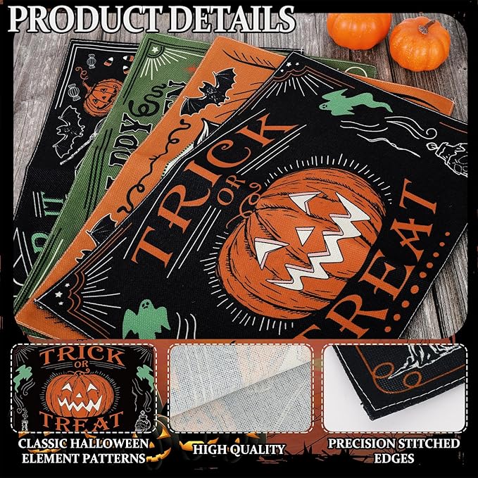 4Pcs Halloween Placemats Pumpkin Bat Black Cat Skeleton Table Mat Vintage Decorative Place Mats for Party Table Setting Decor, 12 x 18 Inch