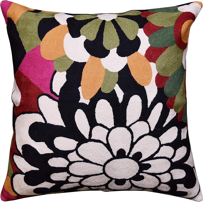 Black Daisy Floral Pillow Cover Flower Pillowcase Outdoor Suzani Accent Cushion Traditional Chair Cushions Hand Embroidered Wool Size - 18x18