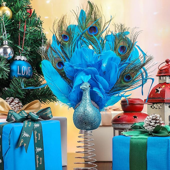 Retisee 15-Inch Christmas Peacock Tree Topper - Artificial Feather Glitter Blue Ornament for Indoor Outdoor Tree Home Decor