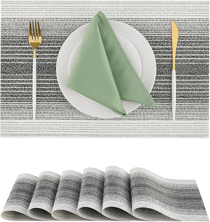 Leetaltree Black with White Woven Placemats Set of 6 - Heat Resistant Non-Slip Place mats for Dining Table, Washable Durable PVC Vinyl Woven Table Mats(Black with White, 6)