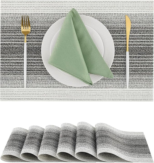 Leetaltree Black with White Woven Placemats Set of 6 - Heat Resistant Non-Slip Place mats for Dining Table, Washable Durable PVC Vinyl Woven Table Mats(Black with White, 6)