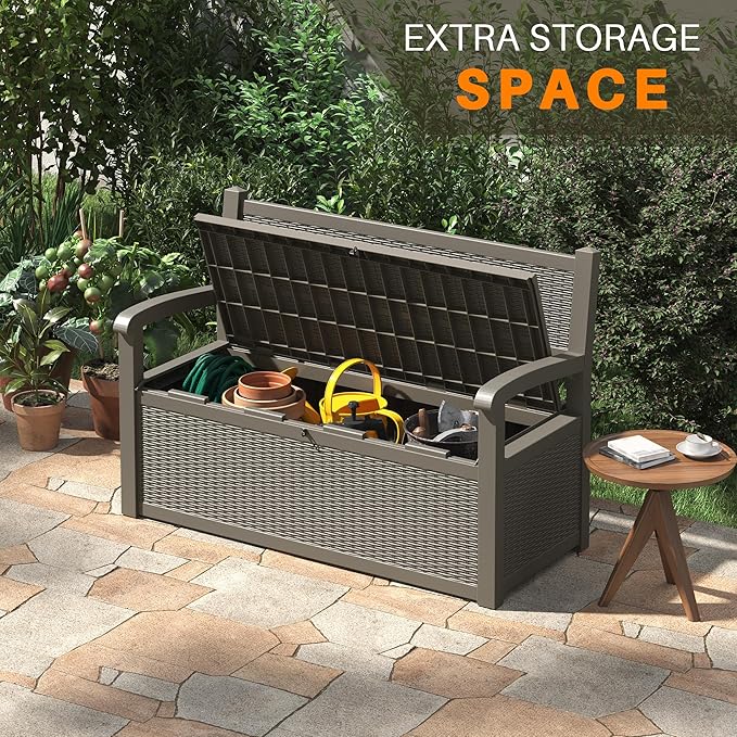 70 Gallon Deck Bench with Storage,Outdoor Storage Box Bench Waterproof&Lockable, Resin Patio Furniture with Armrest for Patio, Porch, Garden,Grey