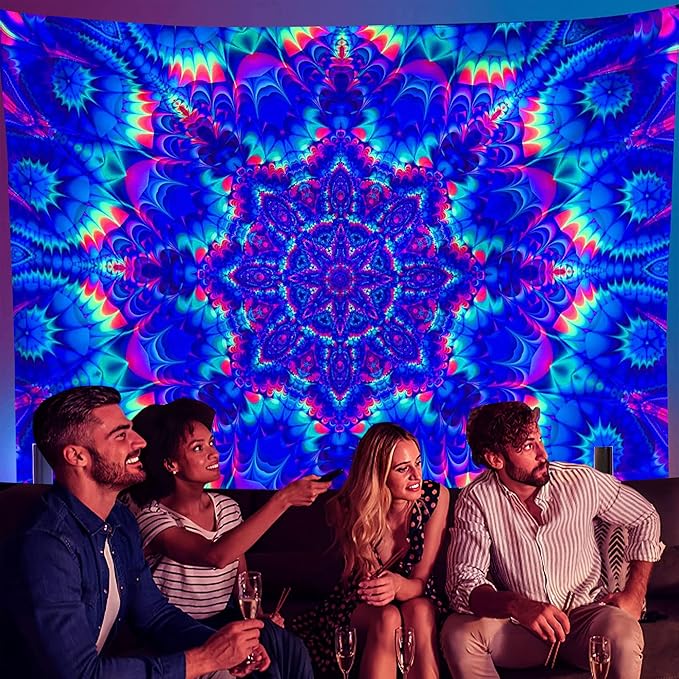OSVINO Blacklight Mandala Tapestry 59"x51" Glow In The Dark Psychedelic Boho Tapestry Colorful Backdrop Bohemian Room Decor UV Reactive Hippie Wall Posters for Bedroom, Mandala,
