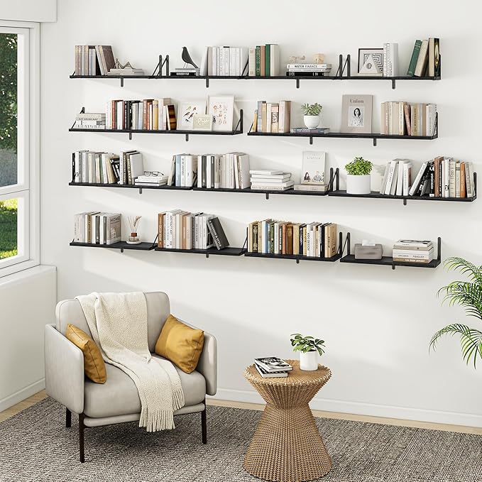 Heimlove 48 Inch Large Floating Bookshelves Set of 3,Black Wall Mounted Bookshelves,Heavy Duty Wooden Shelves for Living Room,Bedroom,Kitchen,Laundry Room Storage & Decor