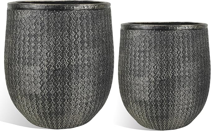 Worth Garden Large Round Planters Set of 2 (14.5"x17.5" & 12" x15“) - Lightweight Magnesium Oxide Cement Plant Pot with Texture - Concrete Look with Drainage Hole – Indoor & Outdoor Use - Black Gold