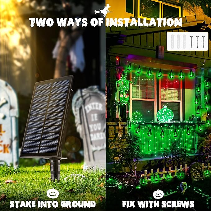 iBaycon Solar Halloween Lights, 42Ft 15 LED Bulbs Flickering Flame String Light, Outdoor Waterproof Solar Flame Lights for Garden Yard Patio Halloween Decorations (Green)