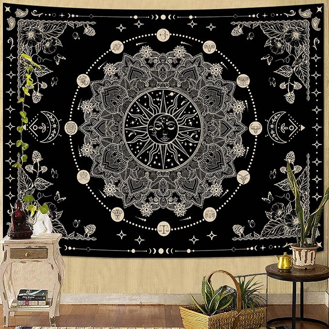 Lunerfex Sun and Moon Mandala Tapestry Boho Tapestry for Bedroom Black and White Tapestries Wall Hanging Living Room Wall Art and Home Decor 44x60