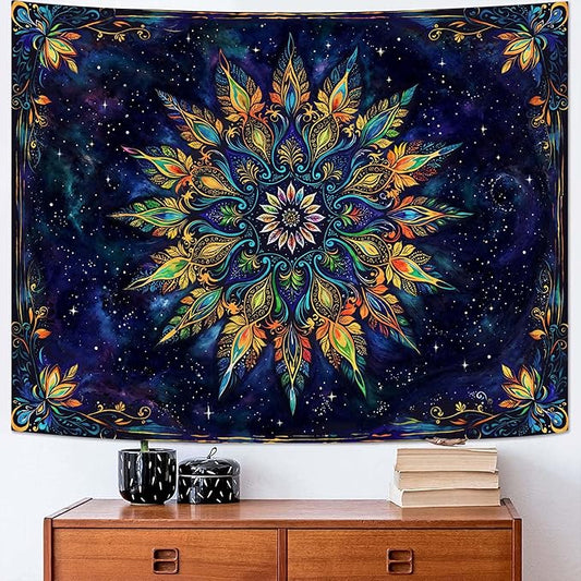Fowocu Boho Floral Mandala Tapestry for Bedroom Aesthetic Blue Bohemian Colorful Flower Wall Tapestry Purple Hippie Indian Small Tapestries Wall Hanging for Living Room Dorm Decor 60 x 44 Inch