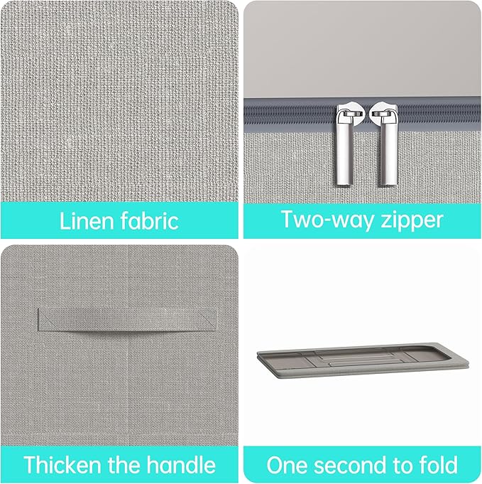 3PCS Under Bed Storage Bins with Metal Frame, Linen Fabric Frame Storage Box Clothes Organizer Bins, Underbed Container with Clear Window (Light Grey, 15.7 x 13 x 6IN)