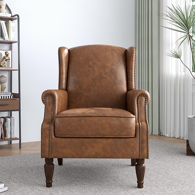 Accent Chair, Faux Leather High Back Armchair or Living Room, Comfy Upholstered Single Sofa Reading Chair with Solid Wood Legs for Office, Bedroom, Waiting Room-Brown