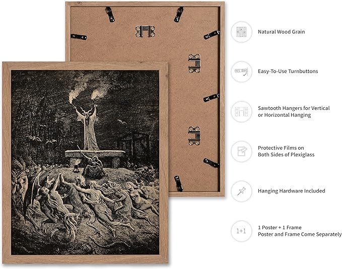 Poster Master Vintage Gustave Dore Poster - Retro Illustration Print - Gift for Gothic, Horror Fan - Dance of Sabbath, Witch, Magic, Spell - Wall Decor for Bedroom, Dorm, 8x10 Beige Framed