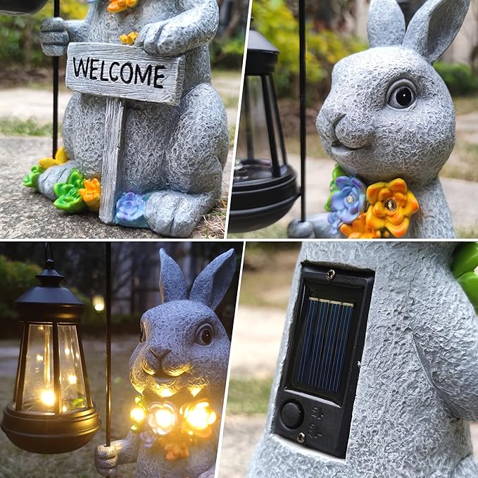 Rabbit Solar Lights Lantern Garden Statues with Succulent and 4 LED Lights - Outdoor Bunny Welcome Figurines Decorations for Patio Yard Lawn Ornaments Gifts for Birthday Easter Housewarming