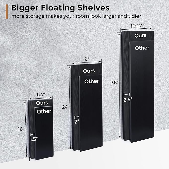 Fun Memories Floating Shelves - 16 Inch Rustic Black Wall Shelf - Wall Mounted Shelves for Wall Decor Storage - Wooden Shelves with Invisible Brackets for Living Room, Bedroom, Kitchen, 2 Pack