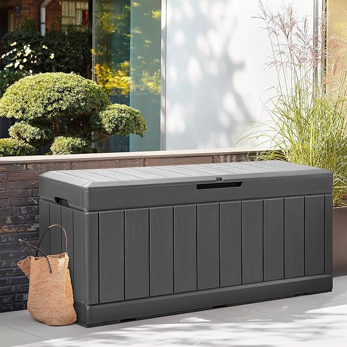 JUMMICO 83 Gallon Outdoor Deck Box Large Resin Storage Box for Patio Furniture Cushions, and Garden Tools (Gray)