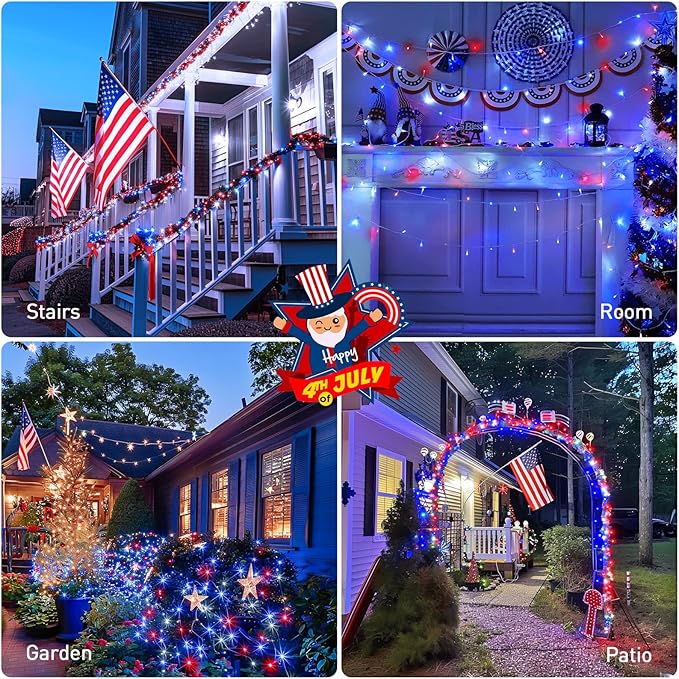 JMEXSUSS 600 LED Red White and Blue Lights Outdoor Plug in, 4th of July Decorations Outdoor Lights for Memorial Day Patriotic American Holiday Tree Party Independence 4th of July Decor