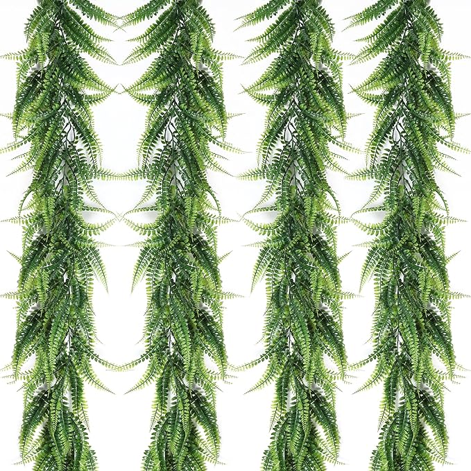 RECUTMS 4pcs Ferns Garland 6 FT Ivy Vines Fake Plant Artificial Hanging Plant Faux Boston Ferns Greenery Leaves Fake Vines for Outdoor Indoor Home Garden Decoration Party Table Wall Decoration(Green)