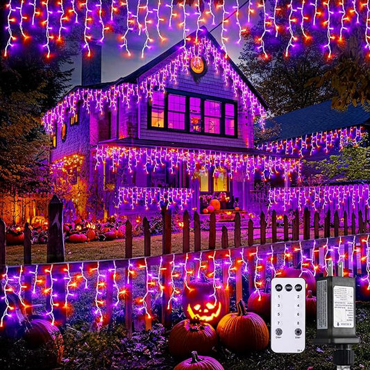 JMEXSUSS 400 LED Orange and Purple Halloween Lights Outdoor, 38.8 FT Orange and Purple Icicle Light Outdoor Waterproof, 8 Modes Halloween Lights Plug in for House Christmas Party Decorations
