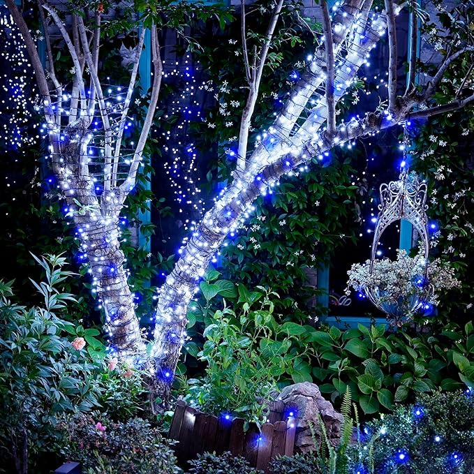 JMEXSUSS 2 Pack Blue & White Solar String Lights, Each 100 LED 33ft, Waterproof, 8 Modes for Outside Garden Patio Party Decoration