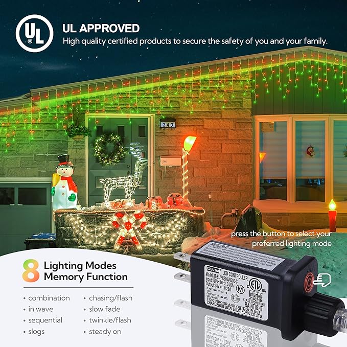 Hopolon 33FT 360L LED Christmas Icicle Lights Outdoor Waterproof,8 Modes Plug in Curtain String Lights with 60 Drops,Christmas Lights for Wedding,Party,Bedroom,Garden,Home,Wall Decorations(Red Green)