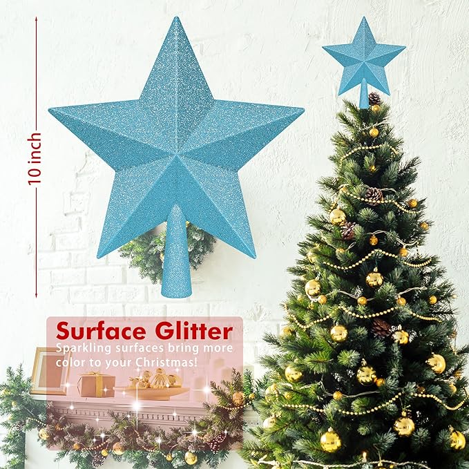 Christmas Tree Topper, Blue 10" 3D Star Tree Topper Decorations, Large Christmas Tree Topper Bethlehem Star Ornament, Glitter Shatterproof Christmas Tree Decor for Holiday Xmas Home Indoor Outdoor