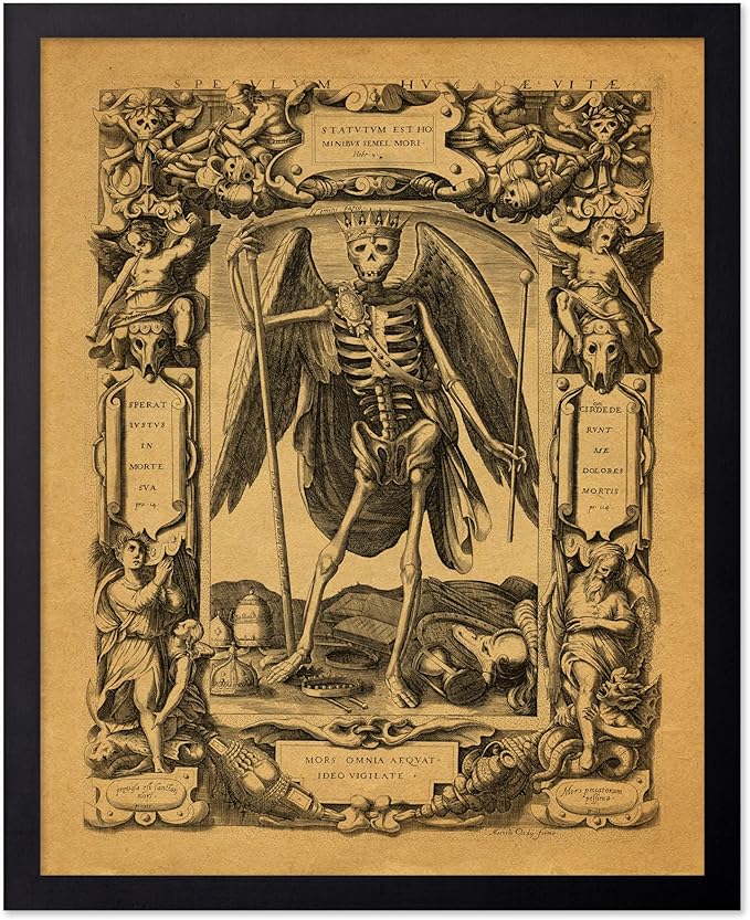 Poster Master Vintage Medieval Poster - Retro Gothic Print - Gift for Artist, Friend - Angel of Death, Memento Mori, Life, Skeleton, Dark - Wall Decor for Home, Living Room, 8x10 Black Framed