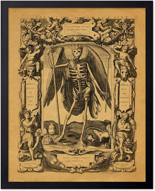 Poster Master Vintage Medieval Poster - Retro Gothic Print - Gift for Artist, Friend - Angel of Death, Memento Mori, Life, Skeleton, Dark - Wall Decor for Home, Living Room, 16x20 Black Framed
