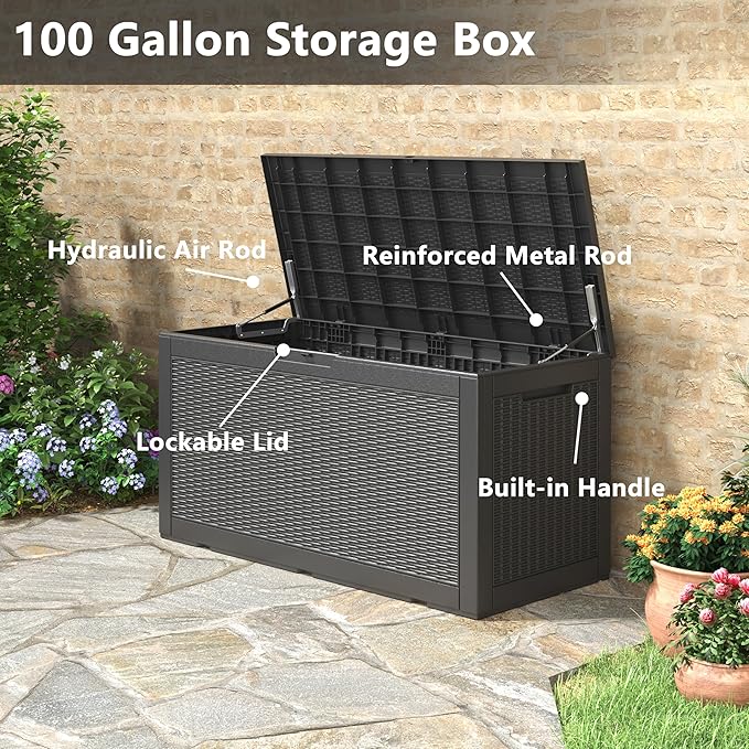 KAMABOKO 101 Gallon Waterproof Large Resin Deck Box, Lockable Large Outdoor Storage Boxes Indoor Outdoor Storage Container for Patio Cushions, Gardening Tools, Pool Supplies, Black