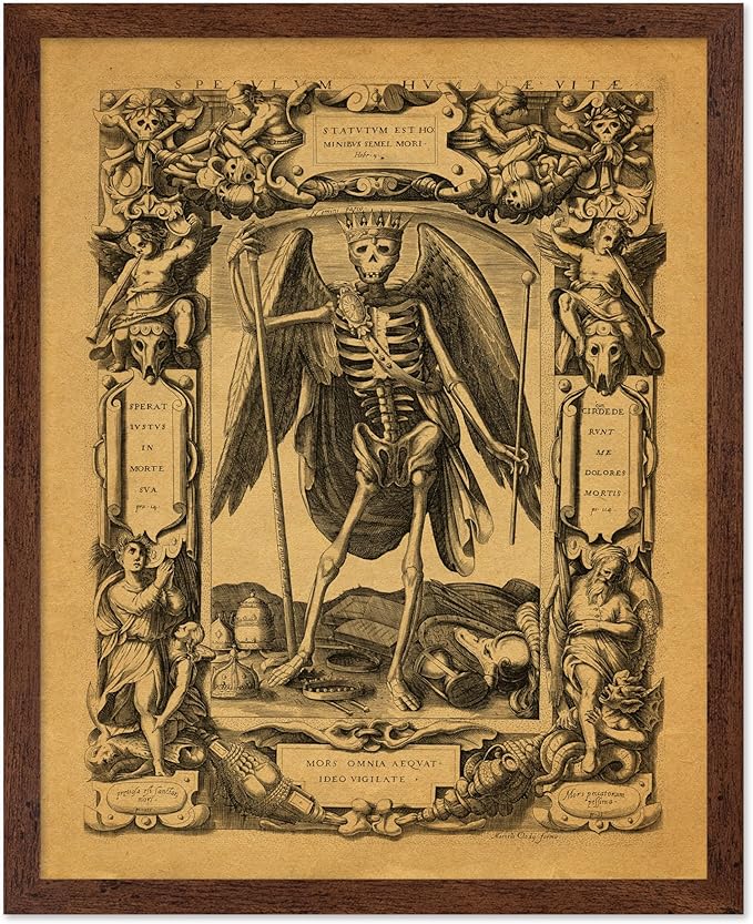Poster Master Vintage Medieval Poster - Retro Gothic Print - Gift for Artist, Friend - Angel of Death, Memento Mori, Life, Skeleton, Dark - Wall Decor for Home, Living Room, 8x10 Brown Framed